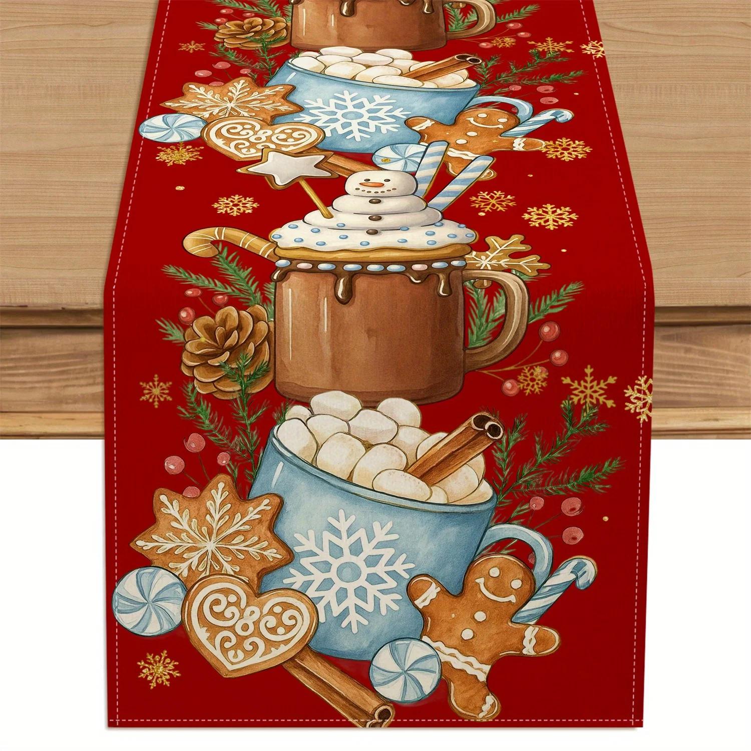 1pc Christmas Table Runner, Snowflake Gingerbread for Man Pine Branch Berry Dessert Design for Dining Table, Kitchen, Party Deco