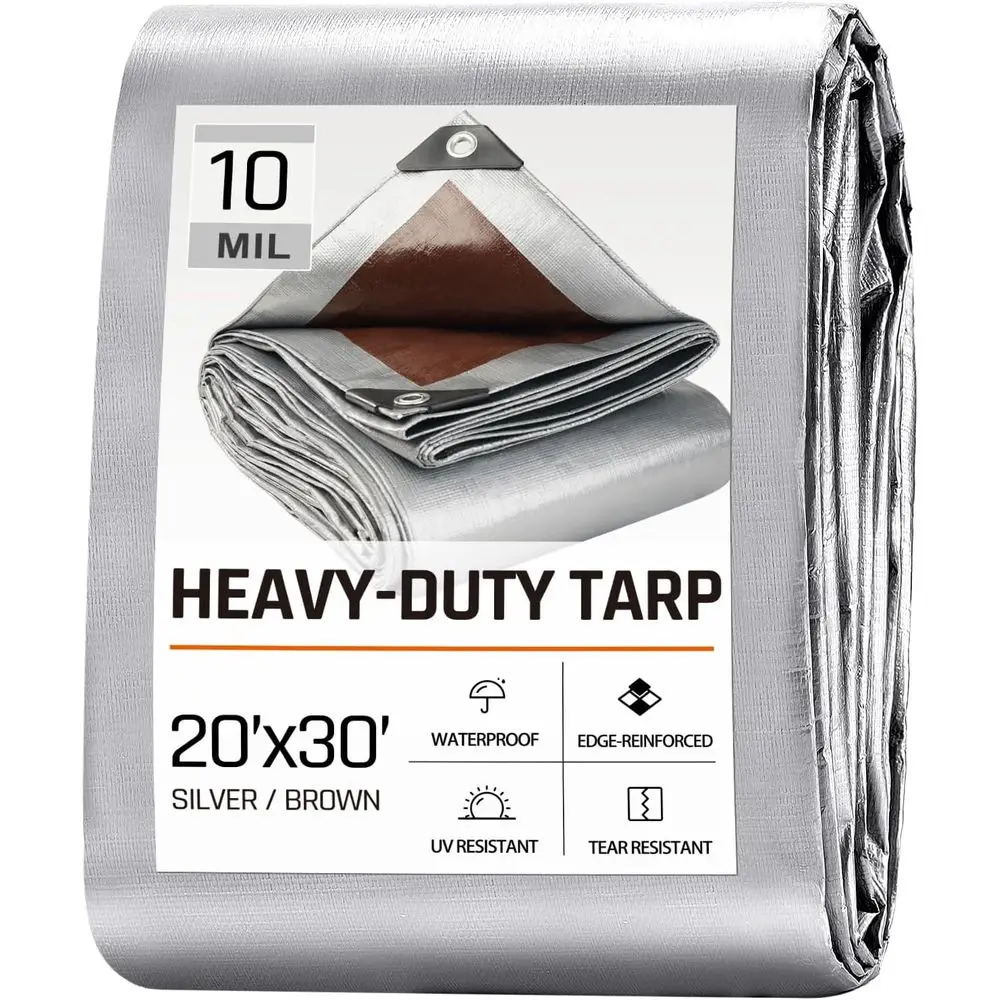 

Heavy-Duty 10 Mil Waterproof Tarp for Outdoor Furniture, Camping, Boat, Patio, and Pool Covers, Silver/Brown, Multi-Size Options