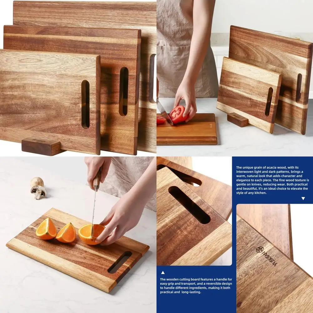 

Acacia Wood 3-Piece Kitchen Cutting Board Set with Handle, Thick Chopping Boards for Meat, Fruits, Vegetables, and Cheese