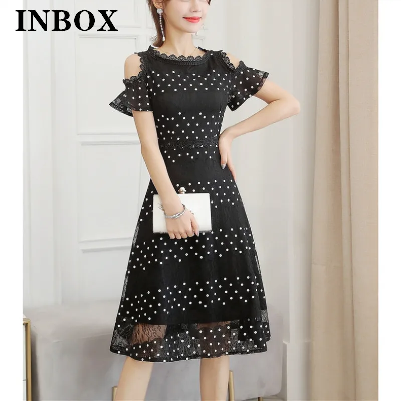 Summer Romantic French Off The Shoulder Black Dot Midi Dress Lace Patchwork Swing Multi Layer Dress Woman