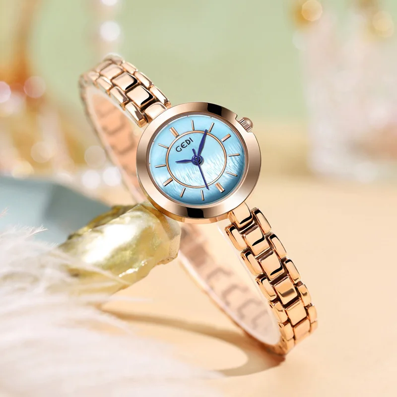 GEDI New Vintage Alloy Watch for Women Niche Mother-of-Pearl Quartz Timepiece Sophisticated Chain Bracelet Wristwatch Gifts