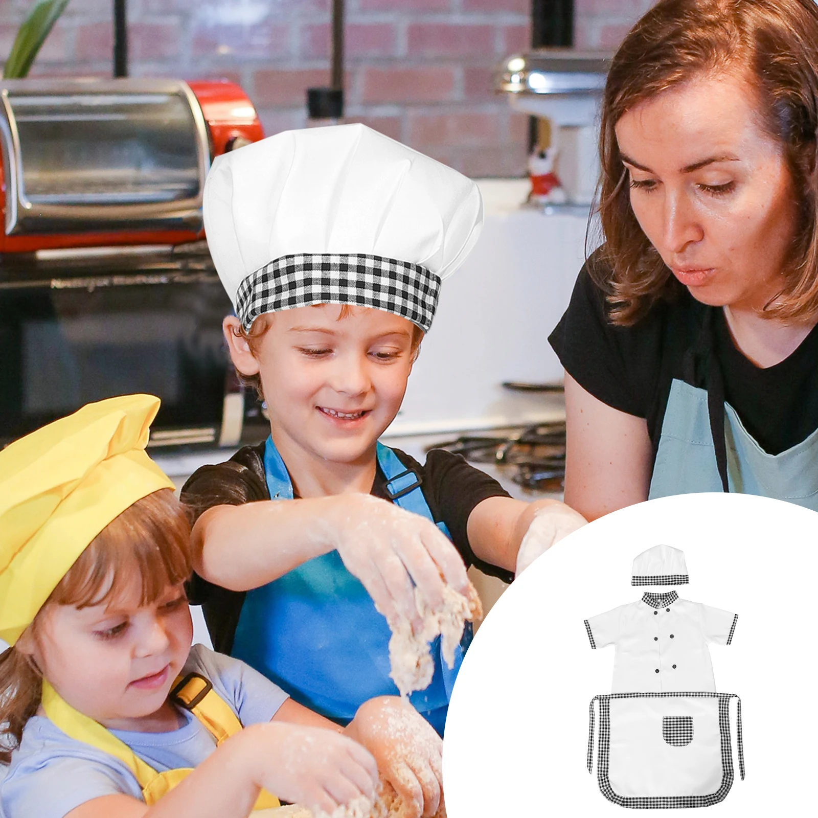 

Children Chef Costume Kids Cook Coat Gray Plaid Short Sleeve Pockets Elastic Band Fits 120cm Role Play Toddler Kitchen Apron