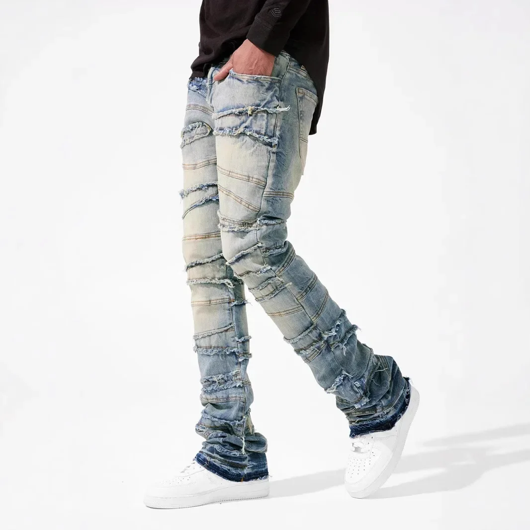 

Four Seasons Men's American Style High Street Elatic Patchwork Jeans Pants Hip-hop Trendy Casual Straight Denim Trousers Male