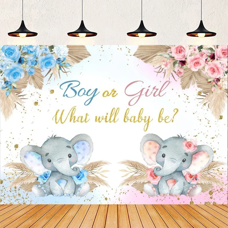 Photography Backdrop He Or She Elephant Poster For Baby Shower Gender Reveal Decoration Banner Baby Shower Background