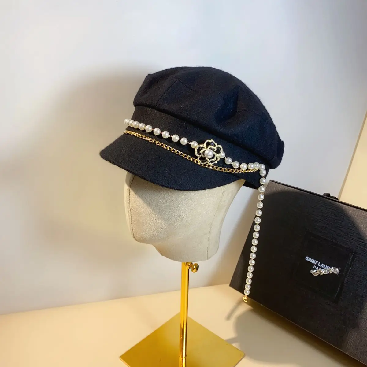 Auchan wool-blend rhinestones multi-style navy hat outdoor outing chain flat top duck tongue berley cotton linen newsboy hat