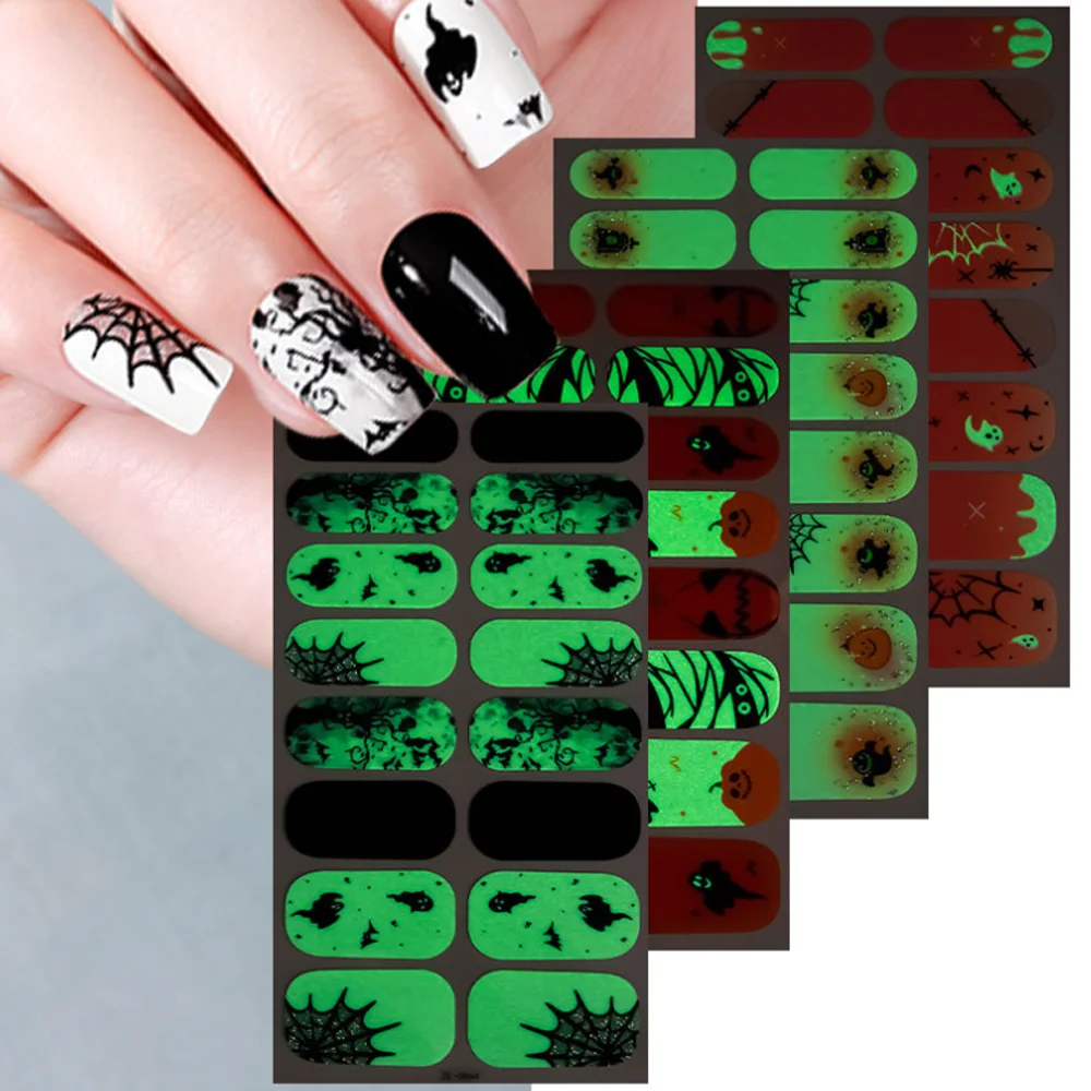 New Halloween Luminous Nail Oil Film Sticker Spider Pumpkin Ghosts Nail Decals Decorations Full Cover Adhesive Press On Nails