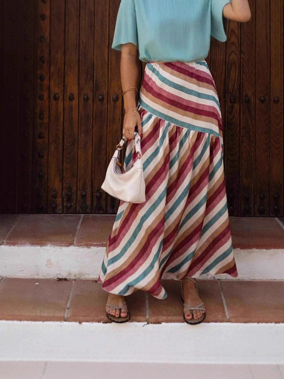 

Spring Autumn Stripe Print Skirts Women Fashion Casual Vacation Style A-line Skirt Holiday Commuting All-match Clothing Female