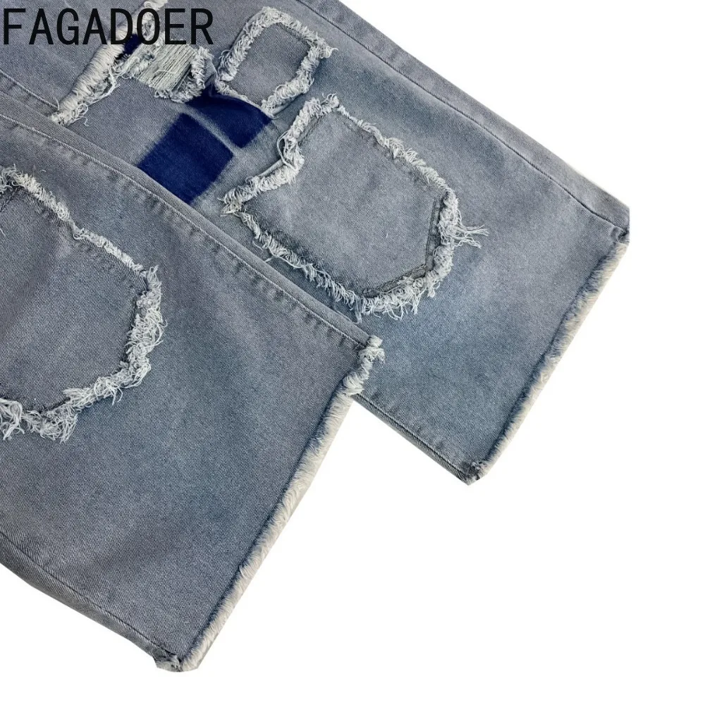 FAGADOER Vintage Fashion Denim Straight-leg Pants Women Solid Irregular Cargo Patchwork Jeans Female Streetwear Bottoms 2025 New