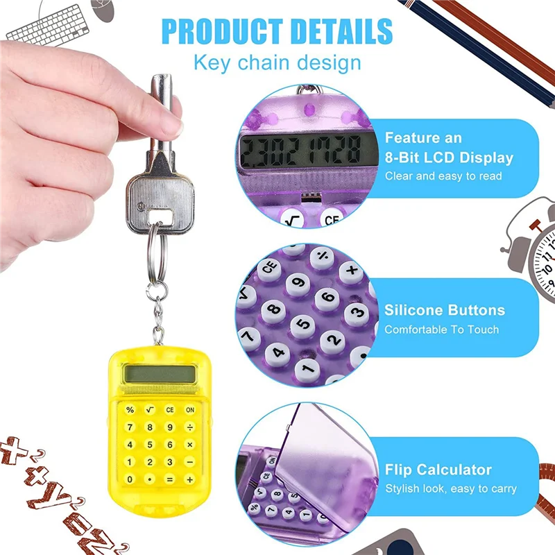 AF91-24 Pcs Mini Calculator Electronic Calculator Key Ring For Kids Mini Clear Flip Portable Calculator 8 Digit Electronic Calcu