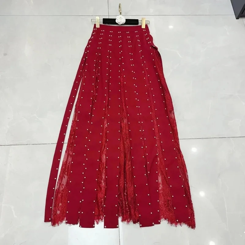 

Fashion Women's New Rivet Decoration Lace Patchwork Skirt Elegant Versatile Mid-calf Skirts Female Trendy New