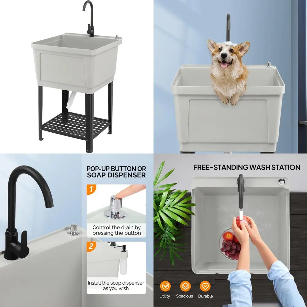 

Freestanding Plastic Utility Sink with Hot and Cold Faucet, Soap Dispenser, Drain Plug, Iron Legs and Storage Shelf for Versatil