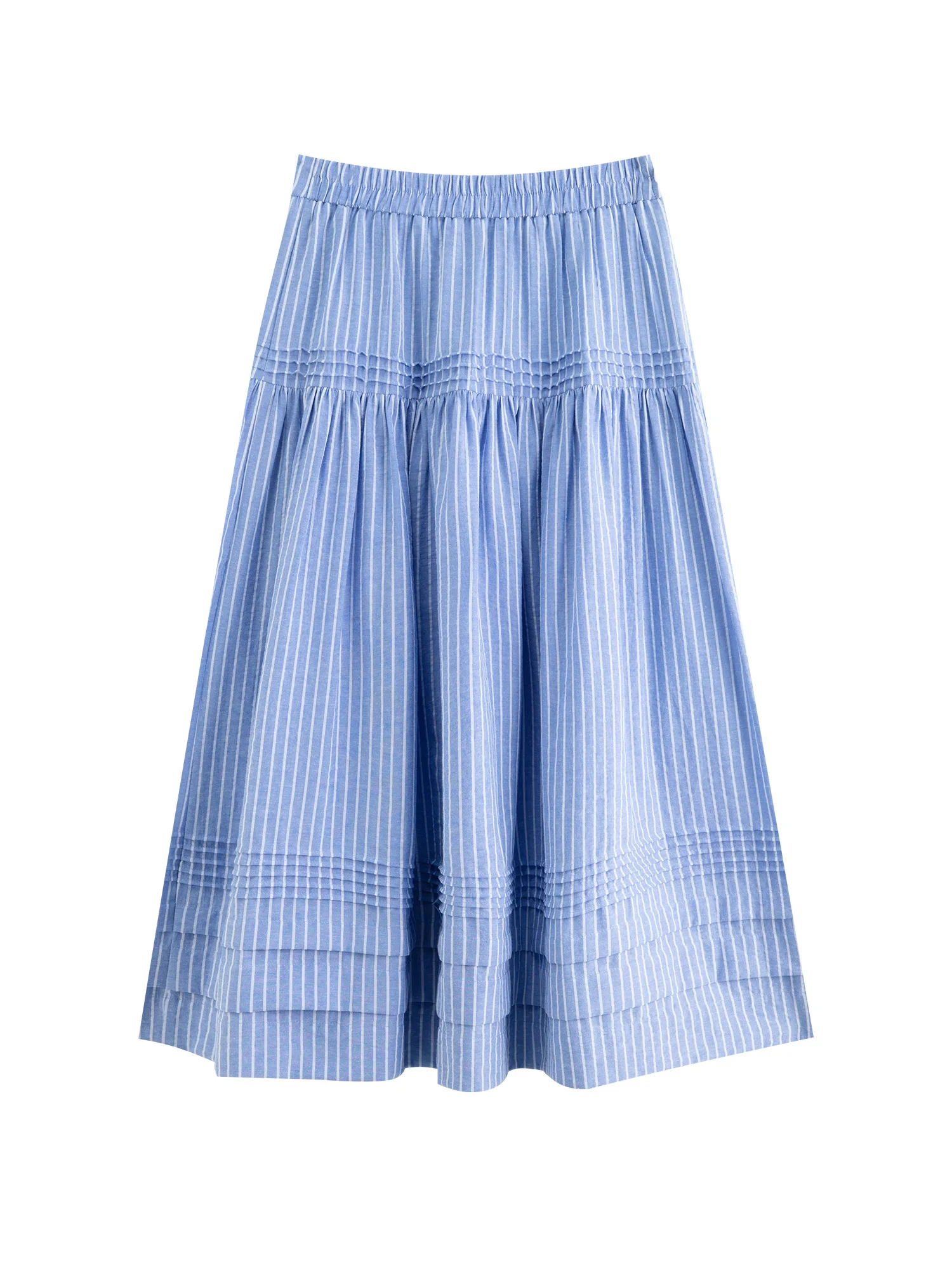 지아오 2025 여름 여성용 페티트 스컬핑 A라인 스커트 - 네비 스트라이프 & 힙 스무딩 플레어로 간편하게 스타일 연출