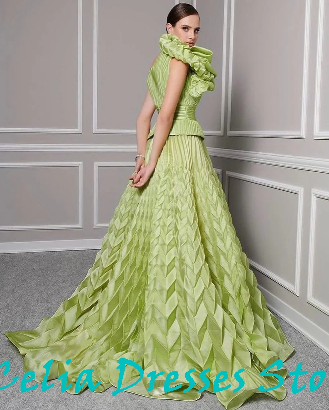 Customized Exquisite Green Satin Sparkly Crystal Evening Dress A-Line One Shoulder Sweep Train Sleeveless Vestido De Festa 2025