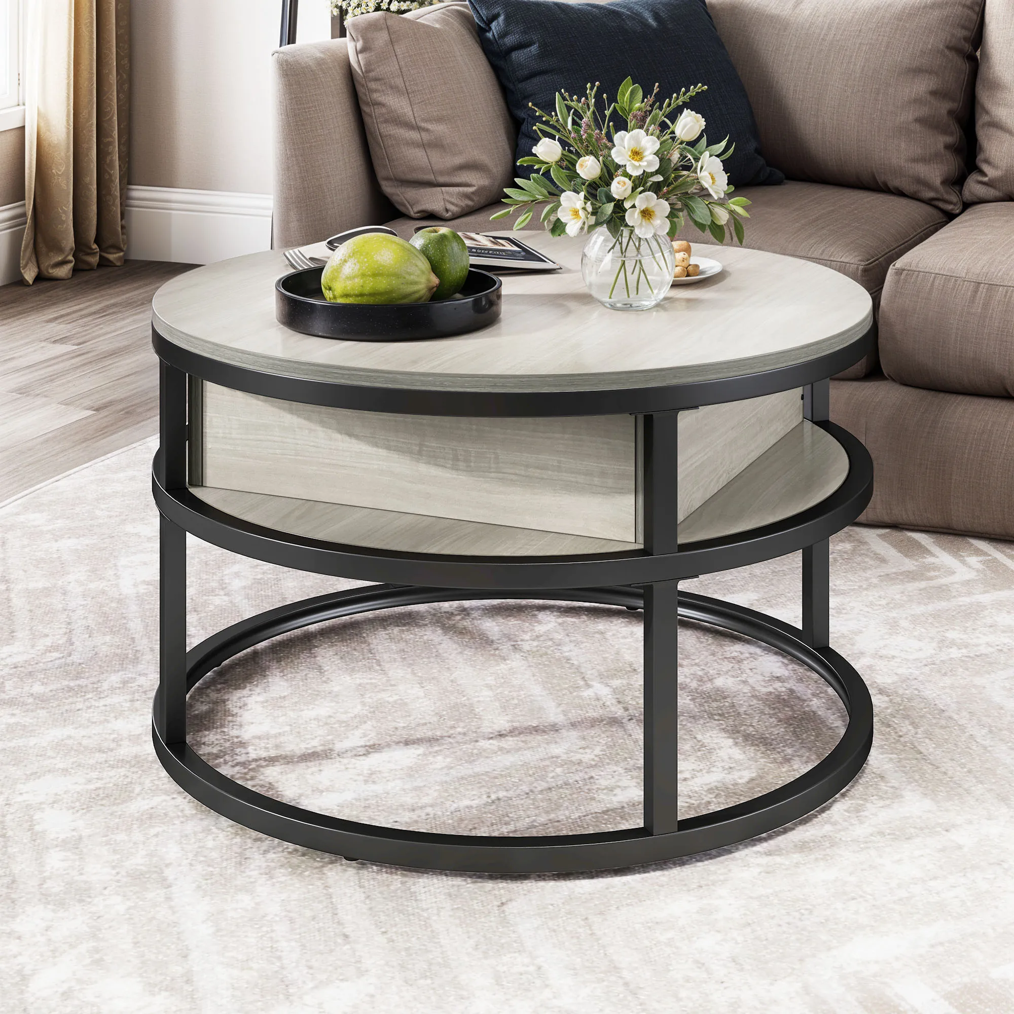 YITAHOME Mesa de centro redonda con tapa elevable de roble blanco, mesa moderna con almacenamiento oculto para sala de estar, oficina en casa