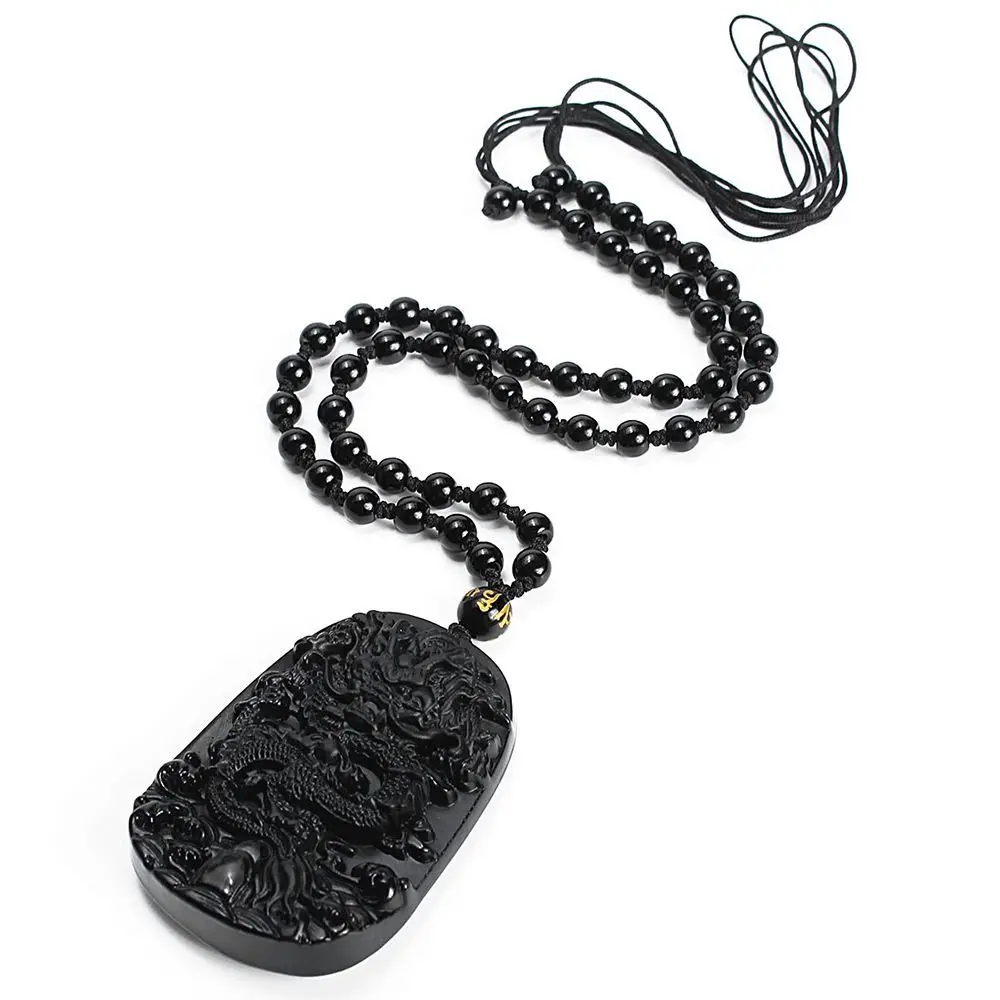 Gift for Men Fashion Women Black Stone Auspicious Beaded Chain Carved Natural Obsidian Dragon Totem Pendent Necklace