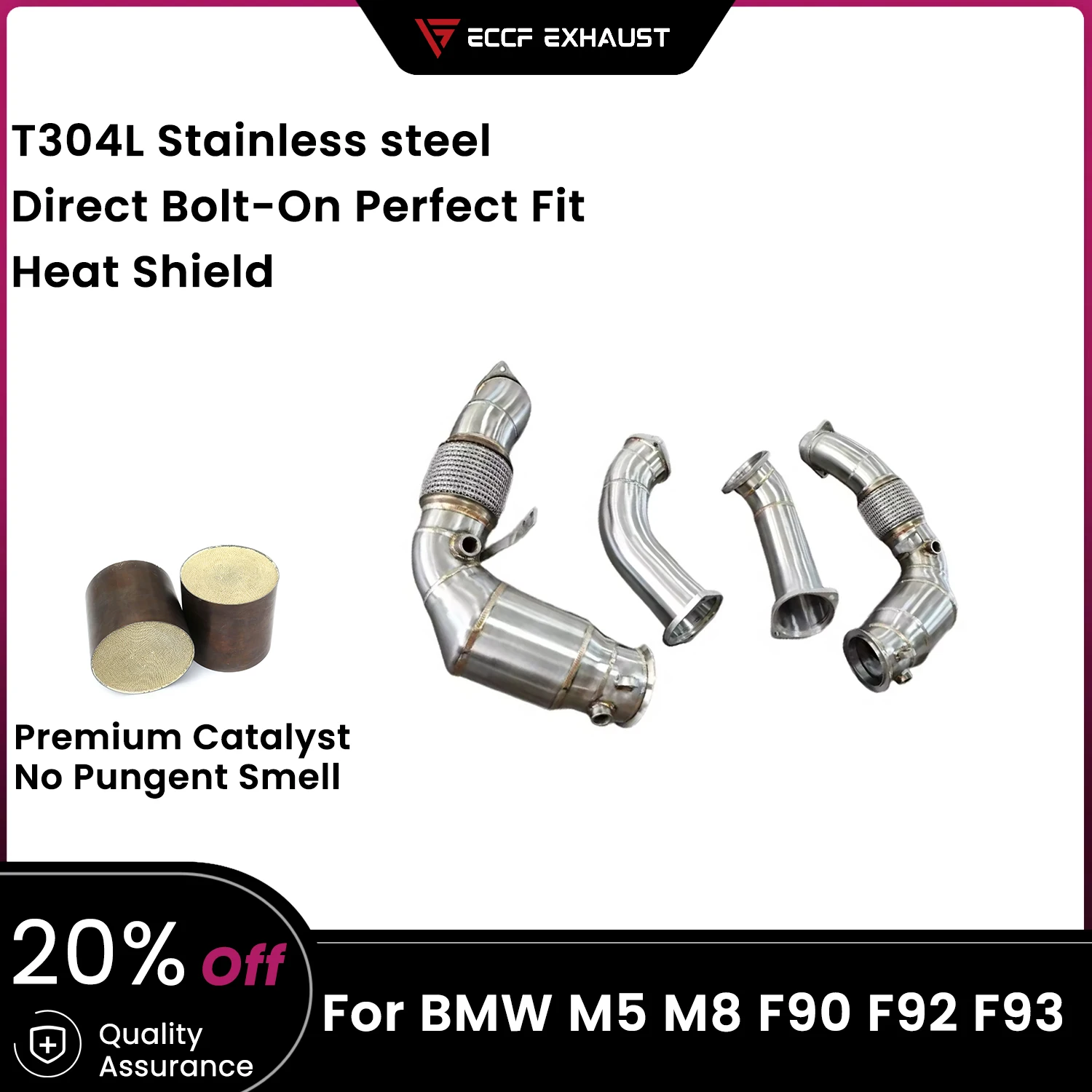 أنبوب سفلي ممتاز عالي التدفق مع درع حراري ECCF من الفولاذ المقاوم للصدأ لسيارات BMW M5 M8 F90 F92 F93 يزيد من تدفق العادم