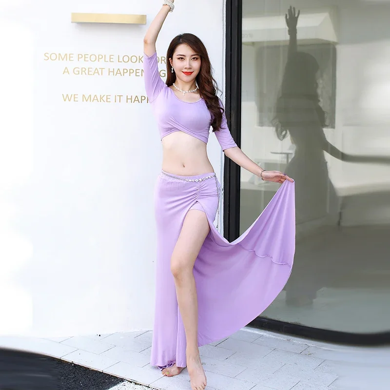 

Лидер продаж, женский топ с коротким рукавом для танца живота, юбка, сексуальное платье с разрезом для восточных танцев, одежда для выступлений, сценическая одежда