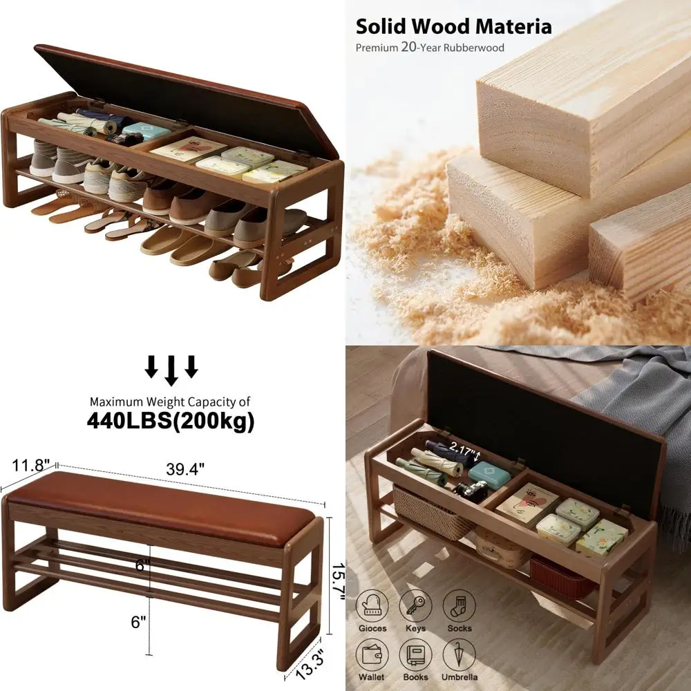 

Leather Cushioned 2-Tier Shoe Rack Bench with Flip-Top Storage for Entryway and Hallway in Orange, 39.3 Inches