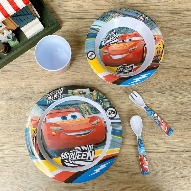 McQueen Cars cartoon animation creative fashion stoviglie set da cinque pezzi piatto tazza ciotola forchetta cucchiaio resina melamina materiale