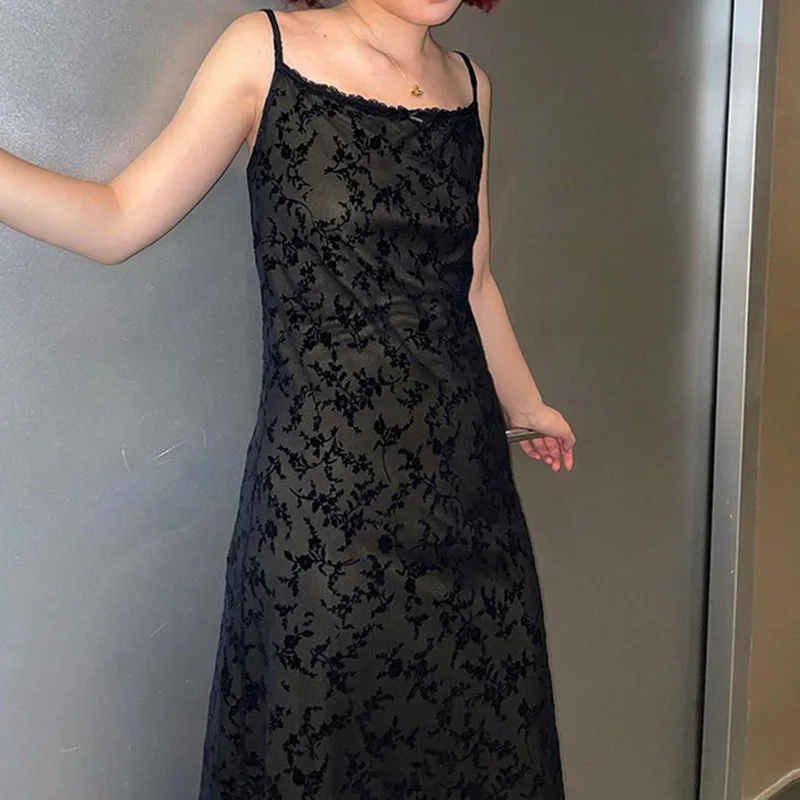 فستان Zeyla Allover مطبوع عليه زهور من الدانتيل فستان كامي أنيق بدون أكمام فستان ماكسي ضيق Y2k ملابس نسائية أكاديمية داكنة عتيقة #5