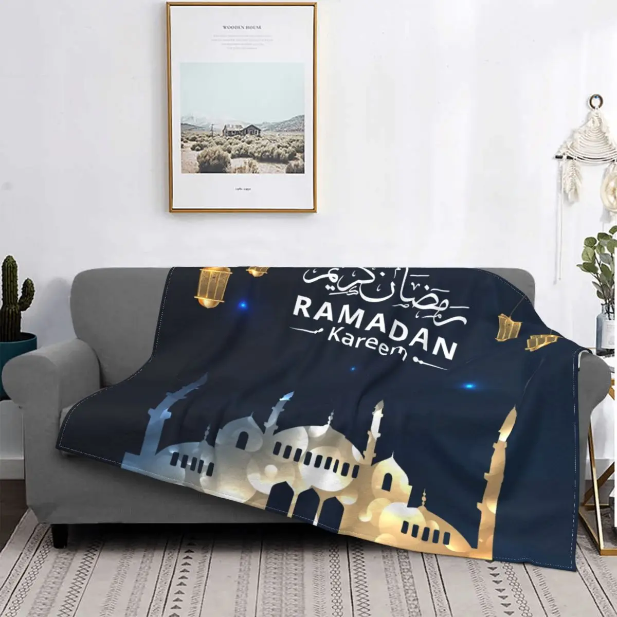 

Fleece Ramadan Kareem Greeting With Hanging Lantern Throw Blanket Warm Flannel Muslim Kareem Blankets for Bed Home Couch Quilt