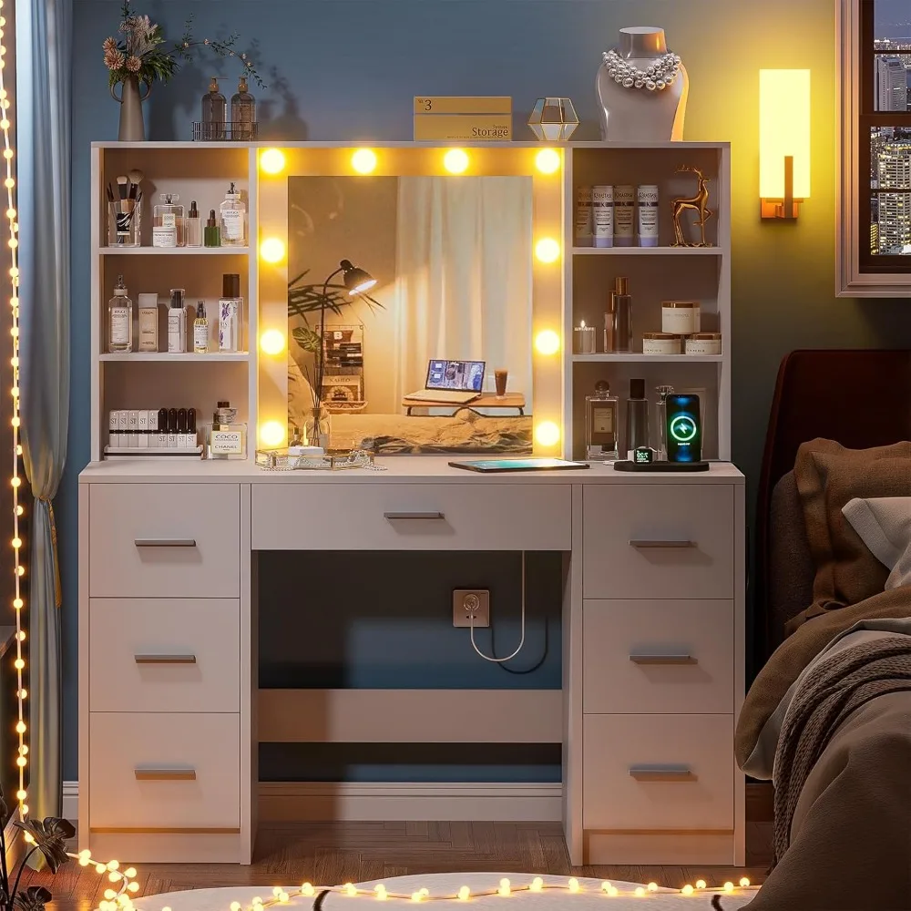 مكتب زينة كبير مع مرآة و10 مصابيح، طاولة زينة للمكياج مع مخرج طاقة، 7 أدراج و6 أرفف تخزين، فاني مكياج #3