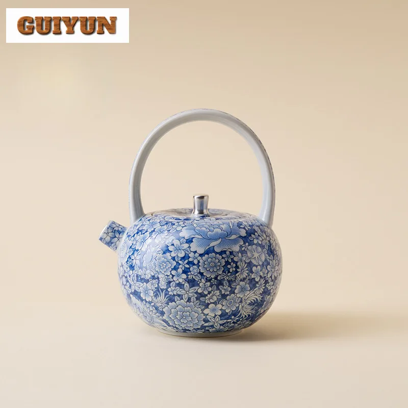 

280ml Gilded Silver Blue And White Lifting Handle Teapot Ancient Tea Infuser Pot Tea Maker Kettle With Ball Hole Teaset Supplies