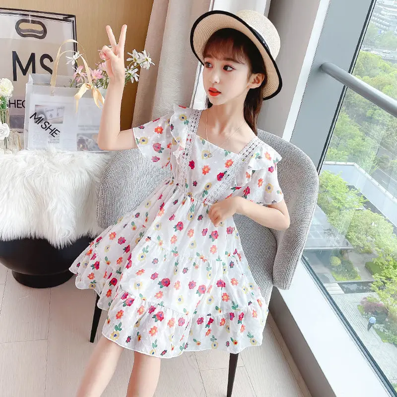 2023 New Summer Flower Full Print Elegant Princess Dresses For Girls Birthday Present Teen Children Clothing 3 4 6 8 10 12 Years