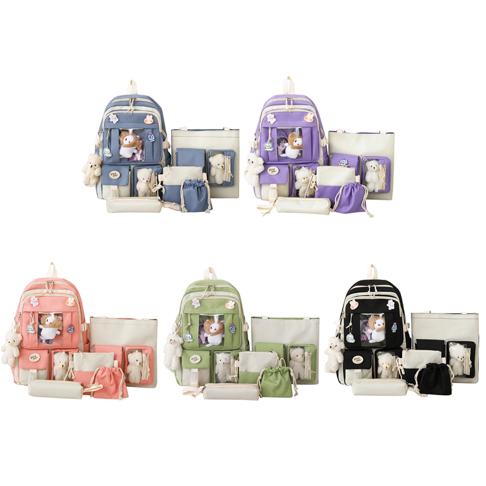 5pcs/set Canvas School Backpacks Multi-function Women Lovely School Bags for Girl Shoulder Bags Travel Commemoration Rucksack