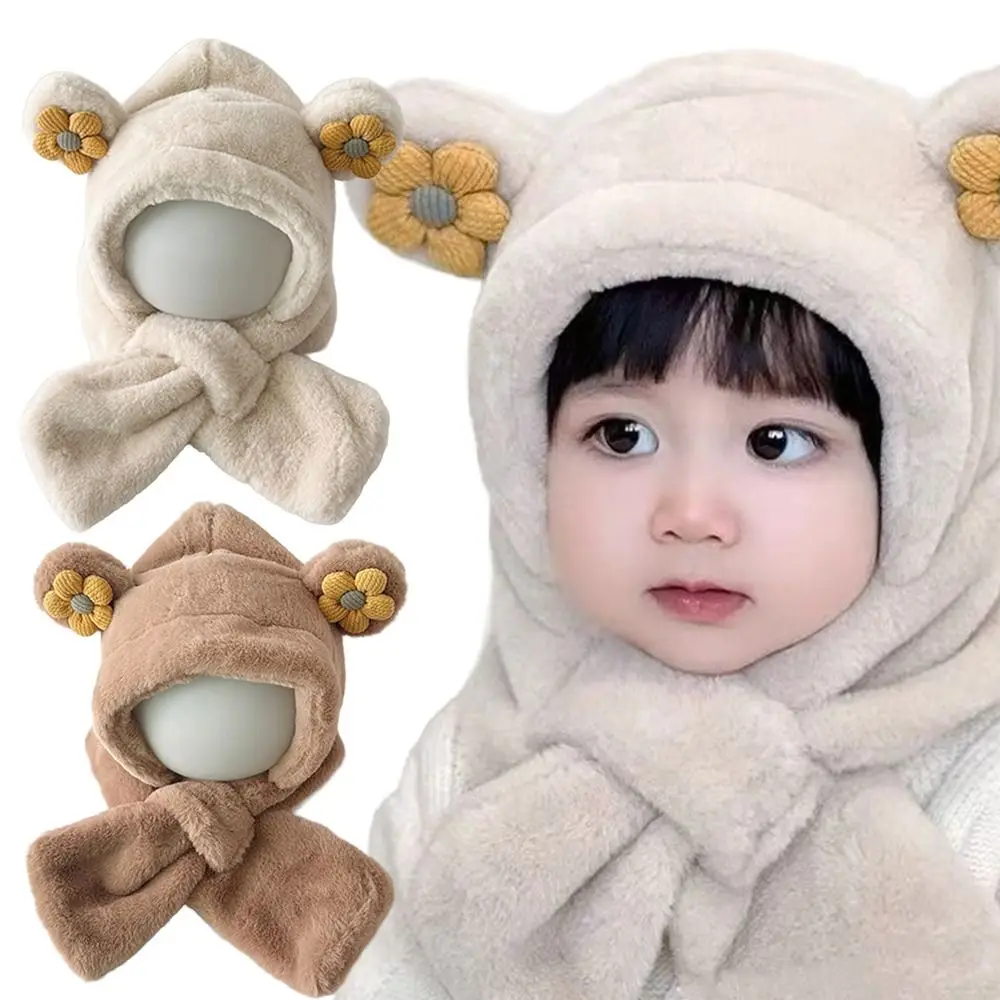 

Fashion Faux Fur Baby Hats Scarf Set Flower Thick Warm One-Piece Beanies Cap Neck Protection Windproof Neck Ear Cap Winter