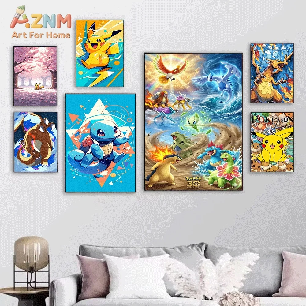 Anime Pokemon Pikachu Blue Burst Background Canvas Wall Art, Classic Cartoon Character Frameless Canvas Painting for Kids Bedr
