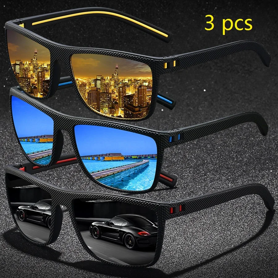 3 Pieces Vintage Check Pattern Polarized Sunglasses For Men Women Fishing Driving Fashion Square Brand Design Sun Glasses UV400