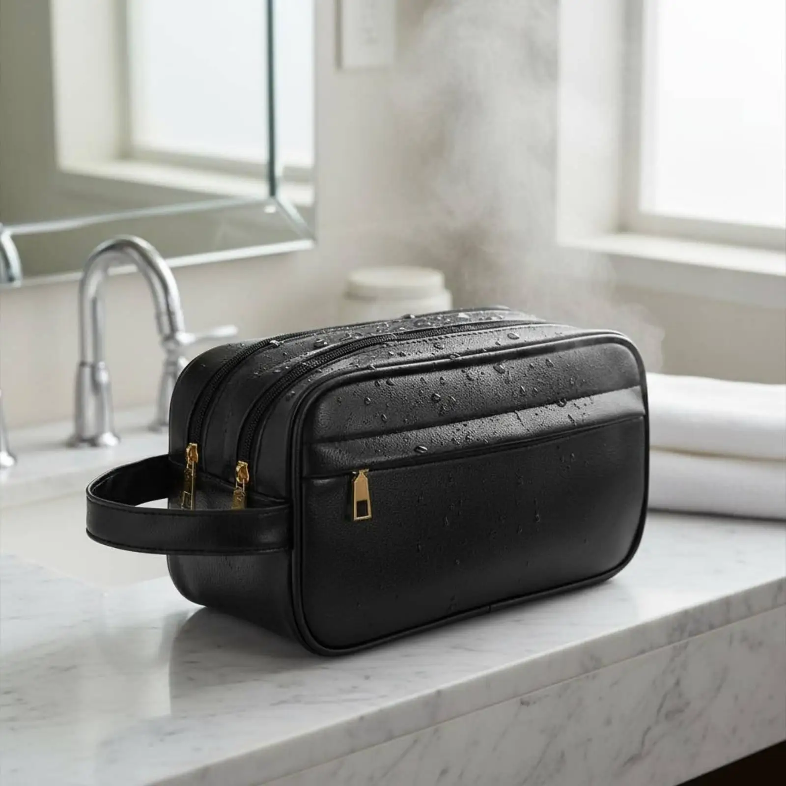 PU Leather Toiletry Organizer Waterproof Men's Travel Toiletry Bag Light Elegant Design Men's Grooming Travel Case for Business