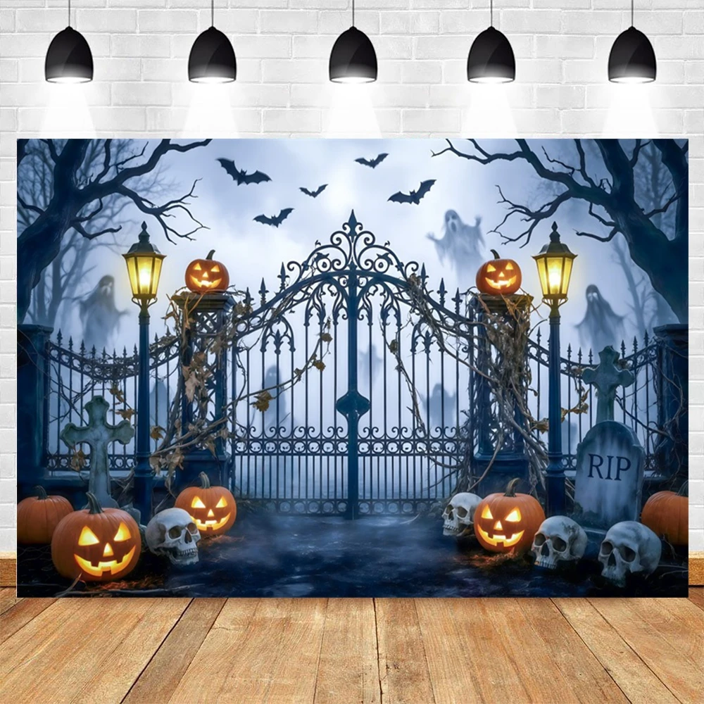 Halloween Haunted Graveyard Backdrop Gothic Iron Gate Jack-o-Lanterns Horror Moon Halloween Decor Photo Background Photo Studio
