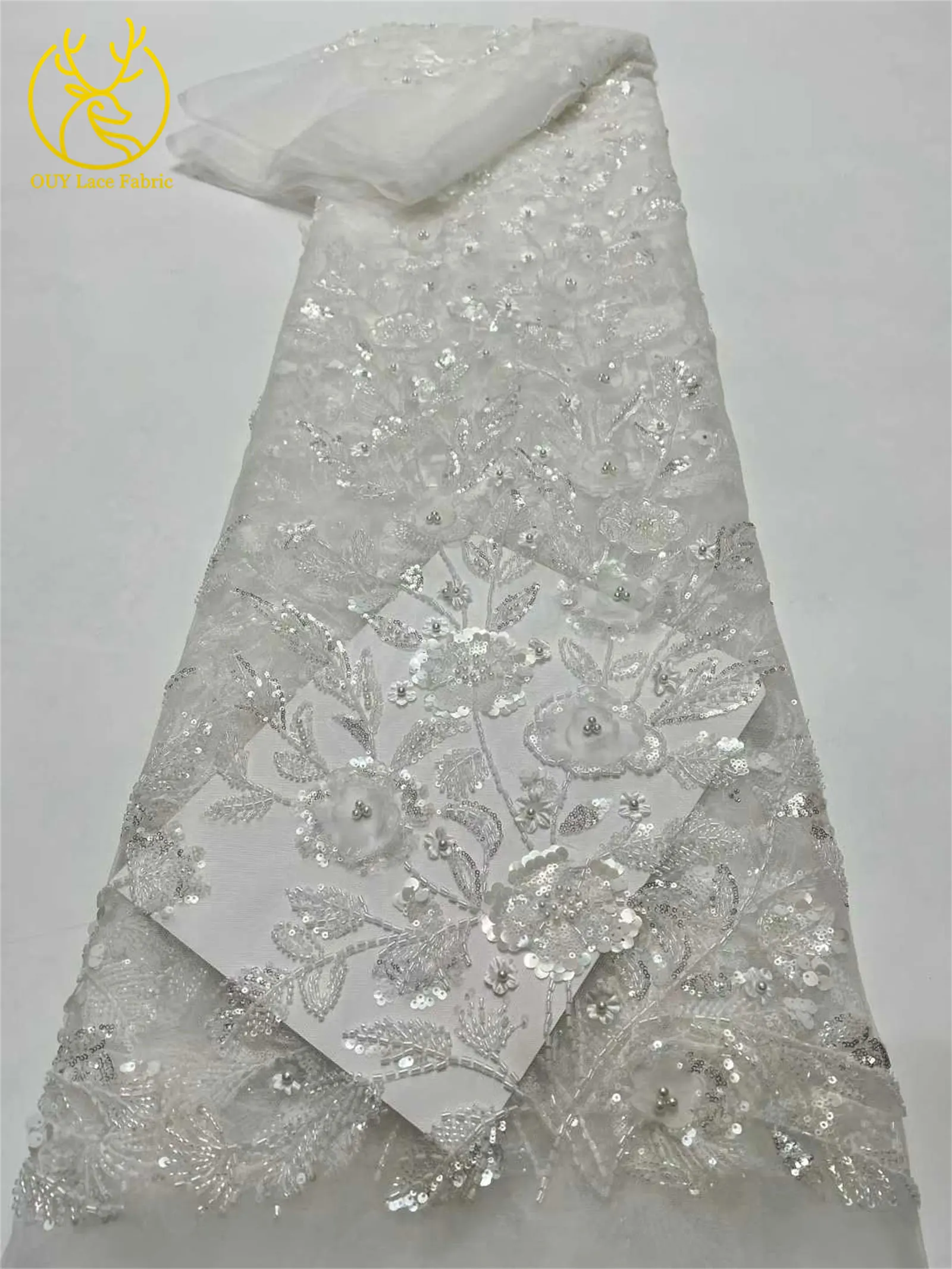 Afrikanischer 3D-Blumen-Handperlen-Spitzenstoff 2026 Hochwertiger Französischer Stil Nigerianischer Pailletten-Spitzenstoff Ideal für Partykleider – Detail 19