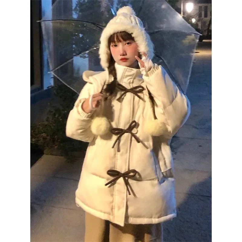 Korean Style Design Sense Hooded Bow Cotton Coat Female Student Winter New ins Thickened Cotton Coat Coat Bread Suit