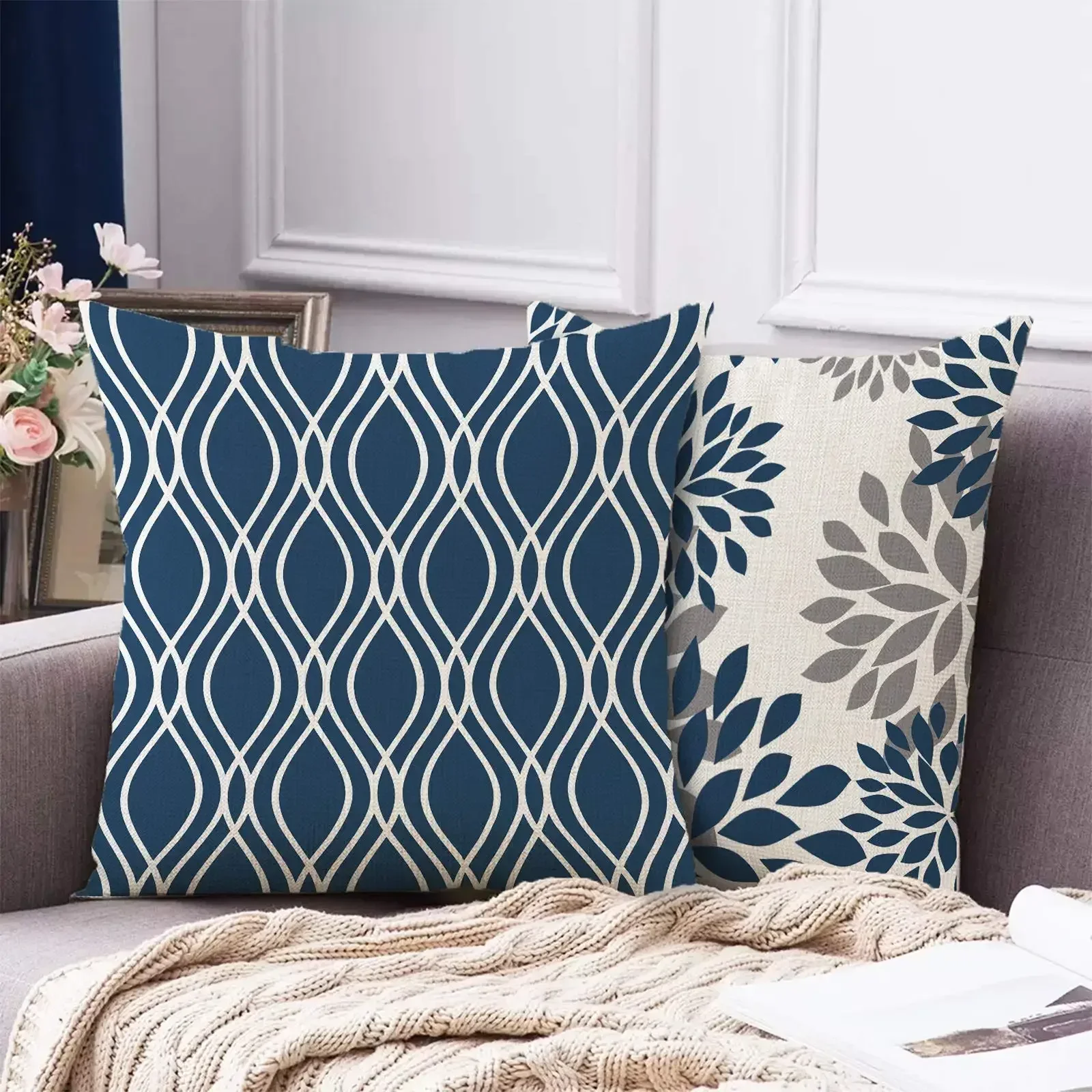 Blue and white geometric linen pillowcase sofa cushion cover home decoration can be customized for you 40x40 45x45 50x50