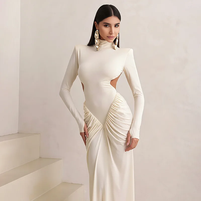 Women's Autumn New Solid Color Sexy Elegant Party Evening Long Sleeve Hollow-out Side Ruched Pleated Backless Maxi Bodycon Dress