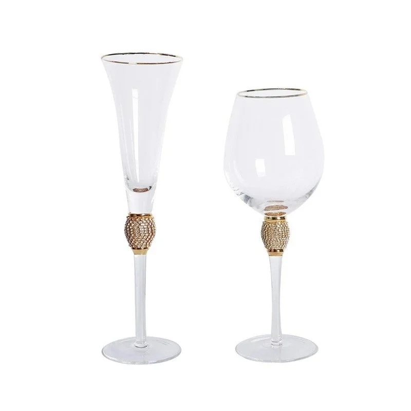 Elegant Crystal Champagne Flute Rhinestone Gold Rim, Long Stem Wine Goblet, Cocktail Glass Wedding Home Bar Decoration Gift Set