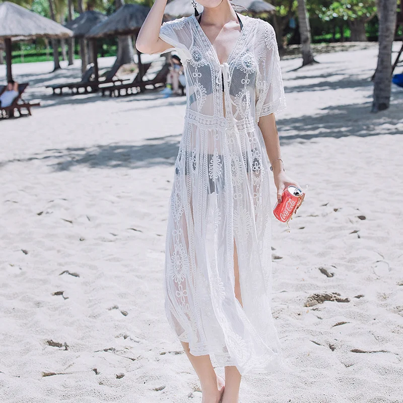 

Casual Embroidered Hollow Three Quarter Sleeve Beach Overall Summer New Lace Shirt Sun Protection Clothing Cover Sunscreen 25906