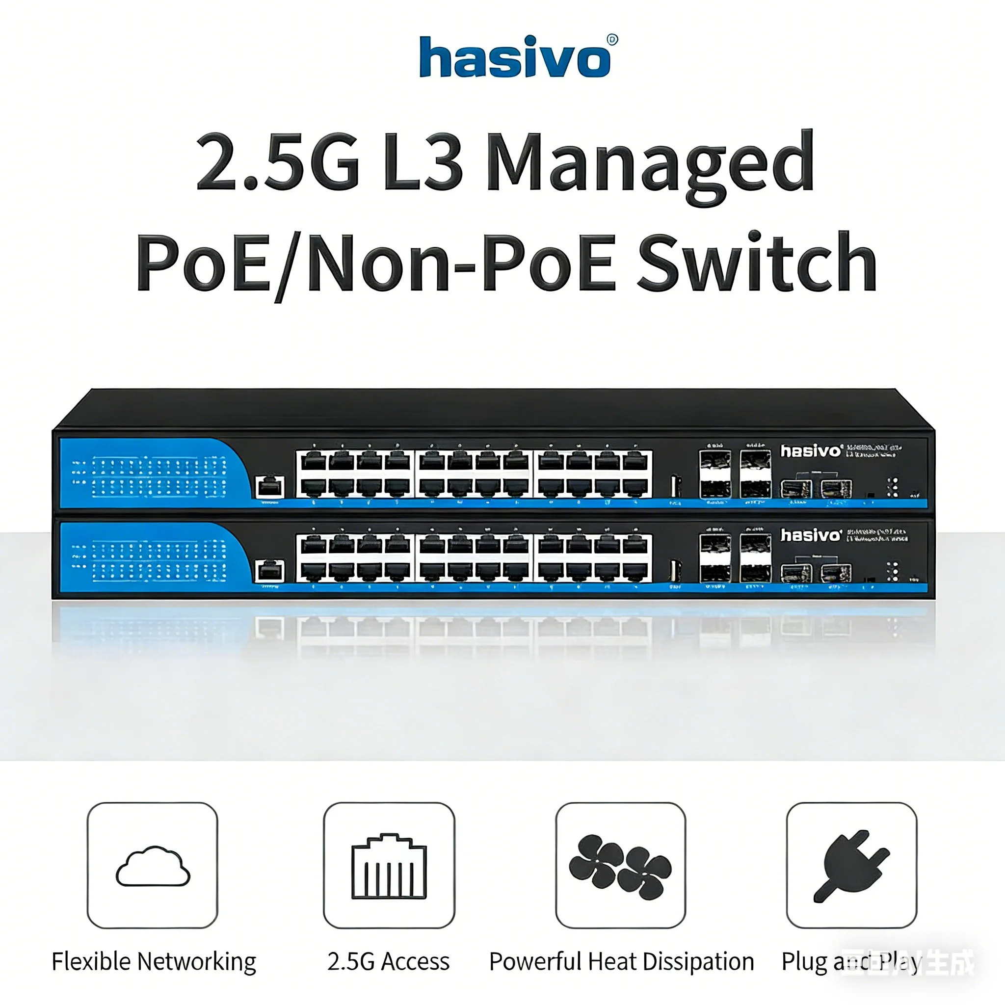 Hasivo 10G uplink 24 ports 2.5G managed switch,Web/L2/L3 Optional,POE 2BT+22AT/AF,Max400W