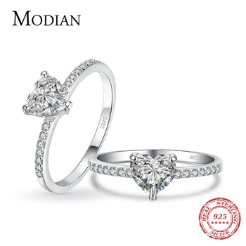 Modian スパークリング 925 スターリングシルバーハート 1CT クリア CZ 指輪女性のためのクラシックな高級ウェディングアクセサリージュエリーギフト