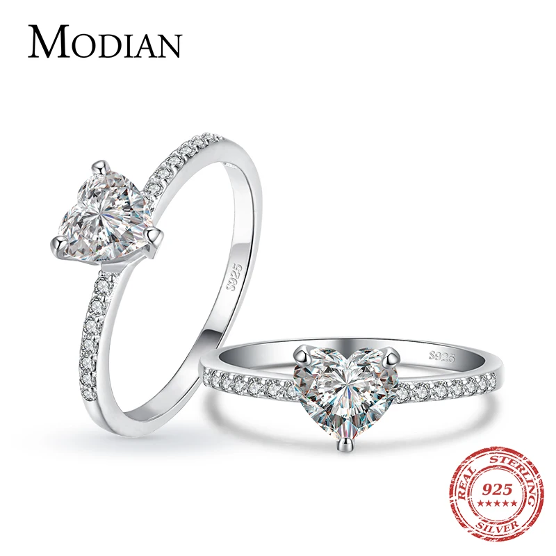 Modian Sparkling 925 Sterling Silver Heart 1CT Clear CZ Pierścionki na palec dla kobiet Klasyczne luksusowe akcesoria ślubne Biżuteria PREZENT