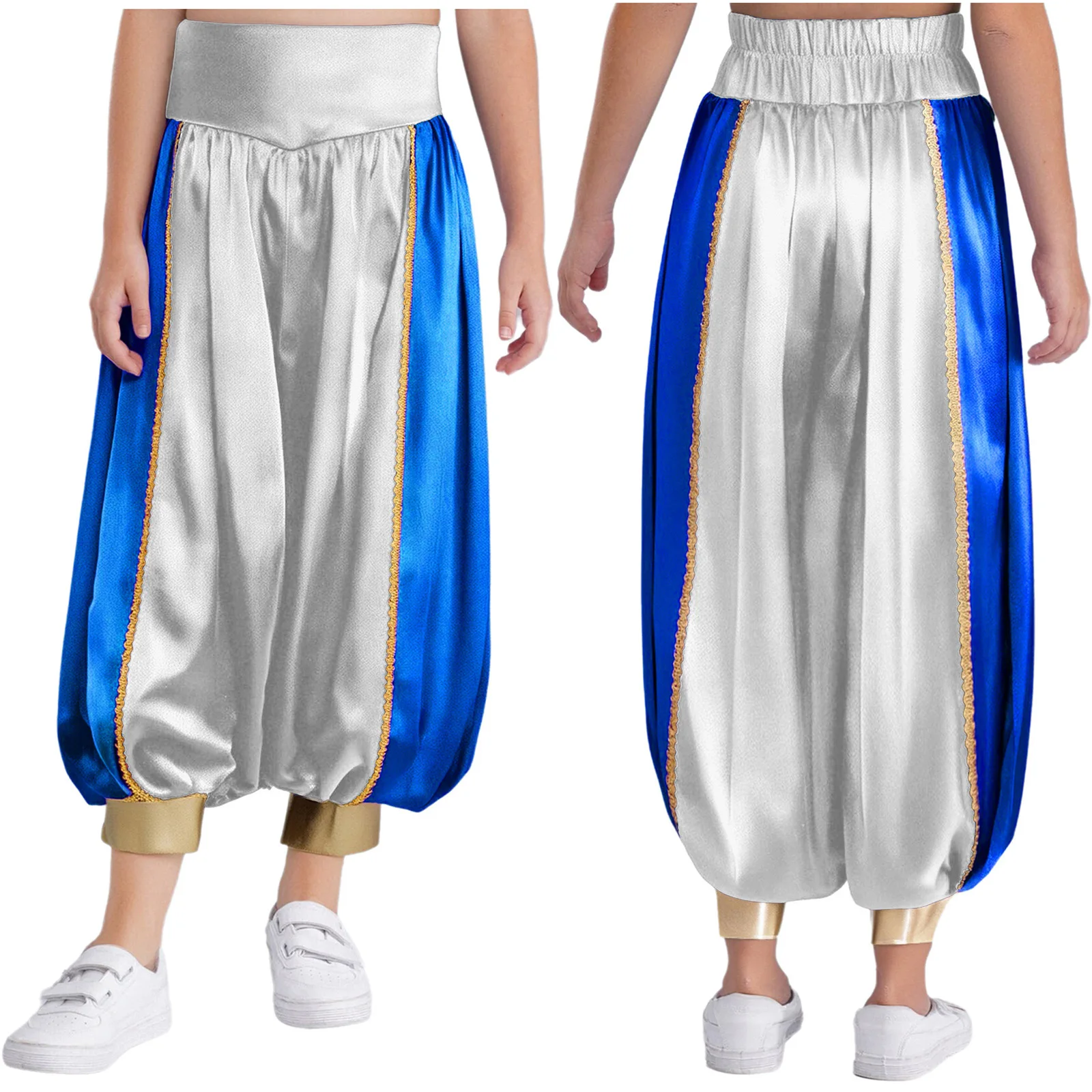 

Girls Belly Dance Pant Arabian Patchwork High Waist Loose Satin Harem Pant for Halloween Arabian Costume Belly Dance Performance
