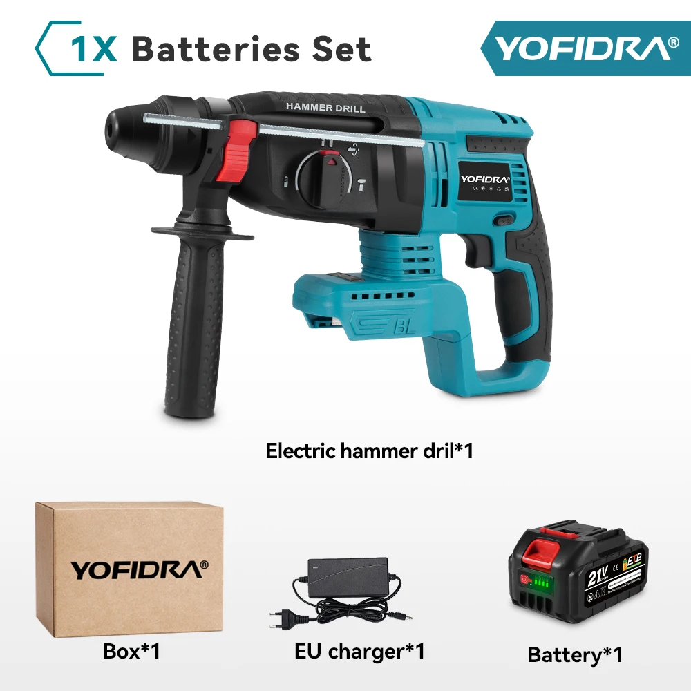 YOFIDRA Borstelloze Elektrische Boorhamer 26MM Multifunctionele Draadloze Oplaadbare Schroevendraaier Gereedschap Voor Makita 21V Accu