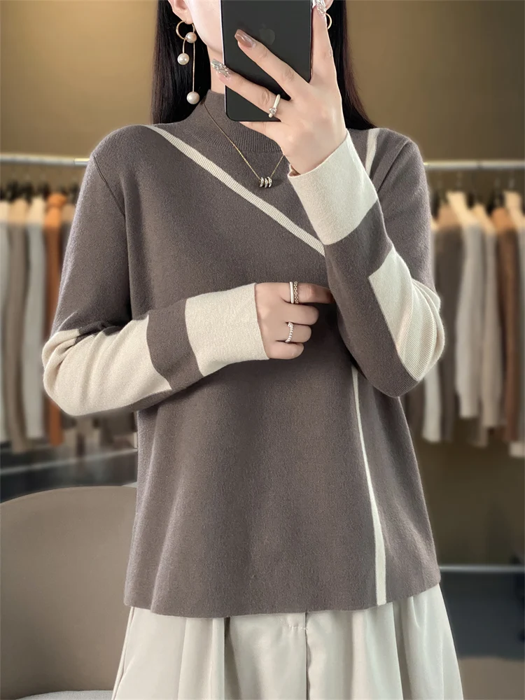 Maglione con collo semi alto boutique da donna autunno e inverno maglione lavorato a maglia in cashmere pullover abbinato al colore delle donne a