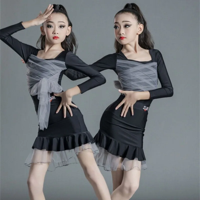 

latin american baby dance dresses Tassel Skirt Short Long Sleeve Leopard Print Team Stage Competition Performance