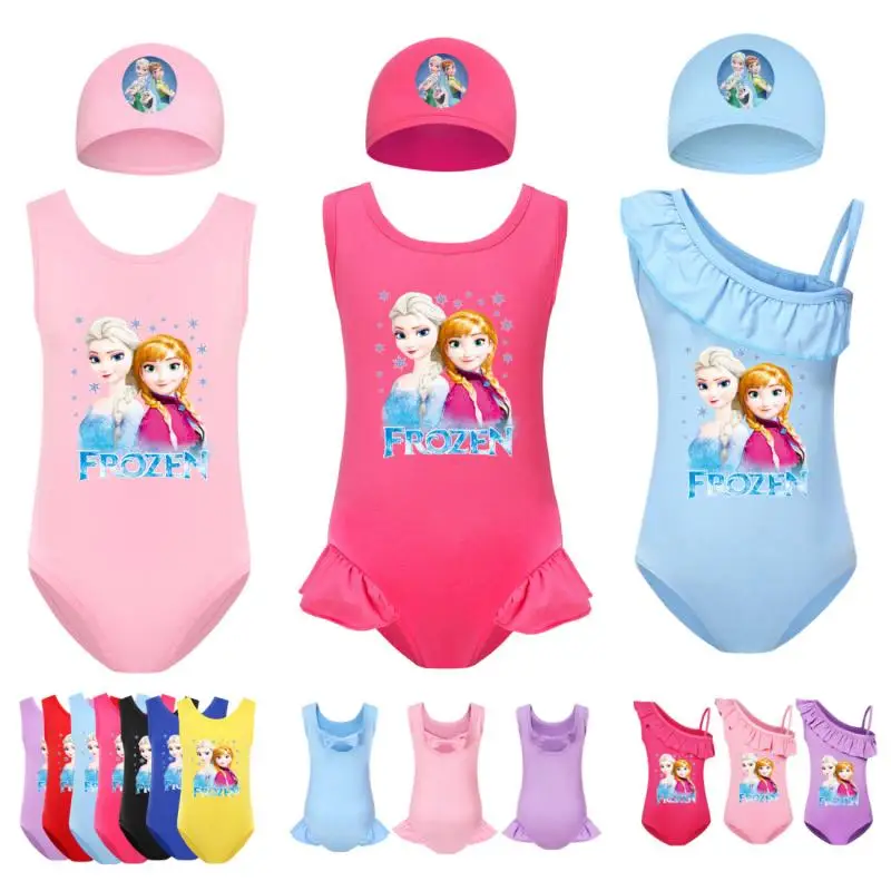 Disney Kawaii Frozen Anime Elsa Swimwear Swimming Cap Set Cute Anna Summer Conjoined Body Cartoon Swimsuit Girl Kids Gift