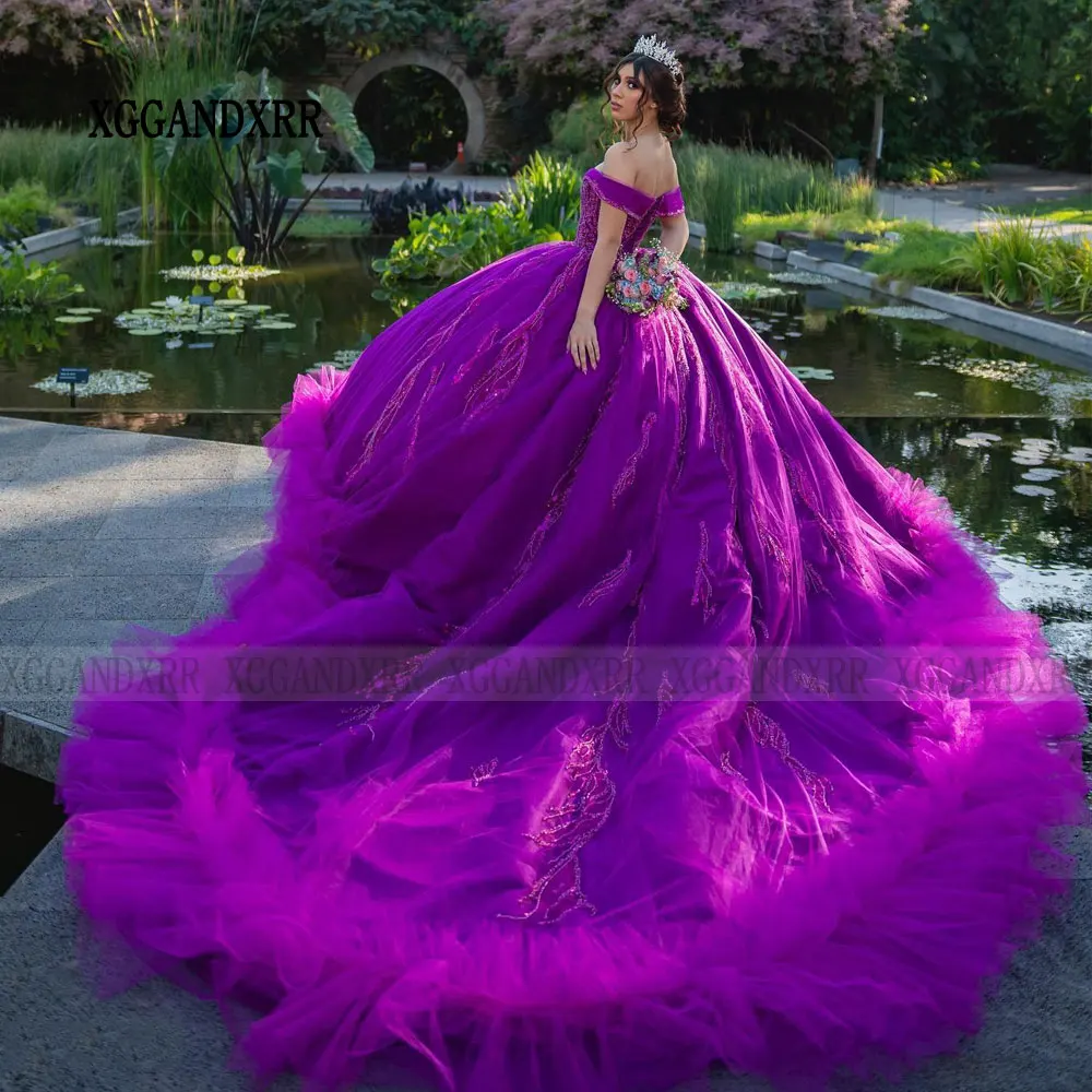 Lavender Ball Gown Quinceanera Dress 2024 with Long Train Beading Purple Ruffles Sweet 16 Dress 15 Birthday Vestidos De XV Años