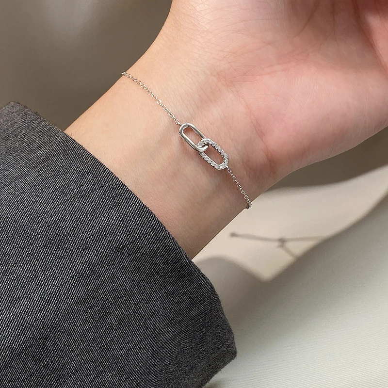 WANTME 925 Sterling Silver Fashion Korean Ring Interlocking Chain Charm Bracelet for Women Elegant Chic Party Jewelry Accessorie 4